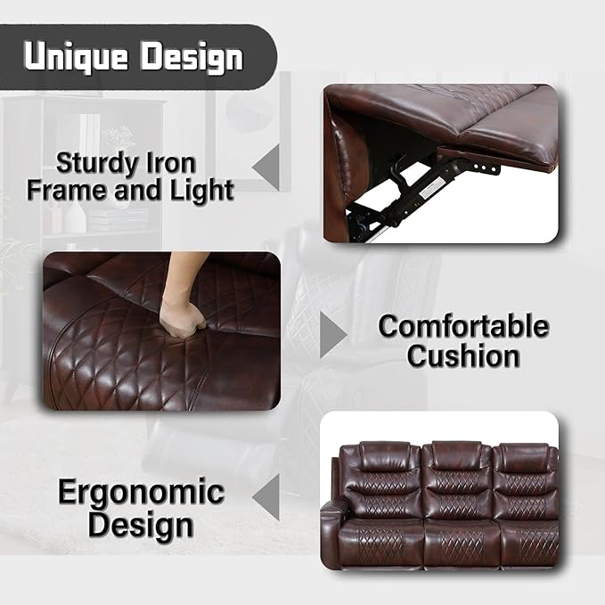 Air Leather Recliner Sectional Sofa Set, Power Reclining Sectional Couch for Living Room, L Shaped Recliner Corner Couch and Single Chair with LED Lighting, USB Port&Storage (Dark Red)