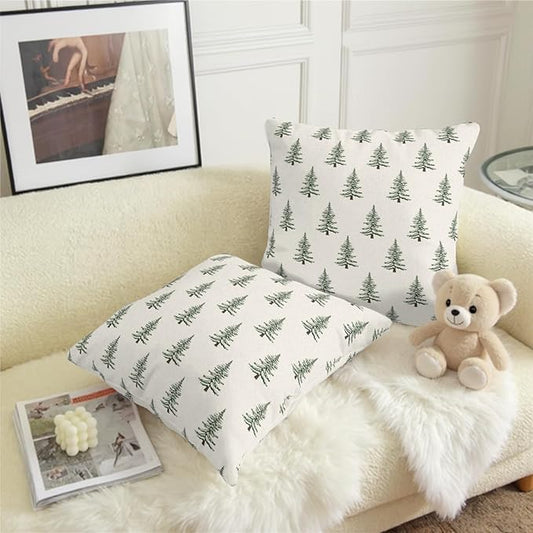 Christmas Tree Throw Pillow Covers Green White Xmas Pillow Cases 20x20 Inch Set of 2 Vintage Rustic Outdoor Seasonal Pillowcase Winter Holiday Farmhouse Decoration for Home Couch