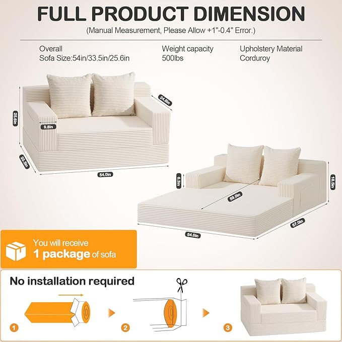 Erament Convertible Sofa Bed, Loveseat Folding Floor Futon Sleeper Sofa Couch Bed- Boneless Foldable Couch, Corduroy Pull Out Sofa Bed with 2 Pillows for Living Room & Bedroom