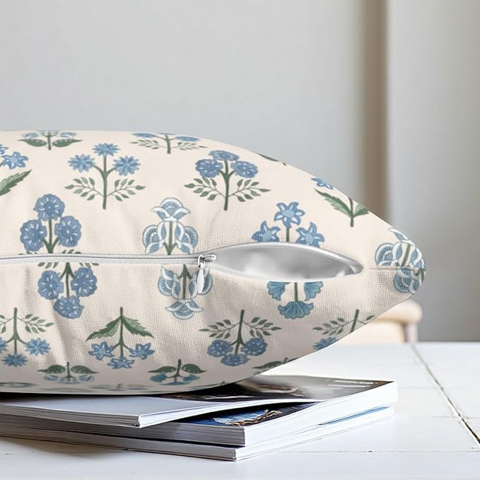 Floral Pillow Covers 20x20 Set of 2 Blue Green Block Print Throw Pillow Cases Vintage Flower Pattern Pillowcases Spring Summer Rustic Outdoor Cushion Covers for Farmhouse Sofa Couch Decor