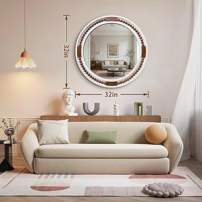 32 Inch Round Boho Wall Mirror, Large Rustic Coastal Wall Decor with White Wood Frame and Brown Bead Accents,Farmhouse Decorative Mirror for Entryway, Bedroom, Living Room
