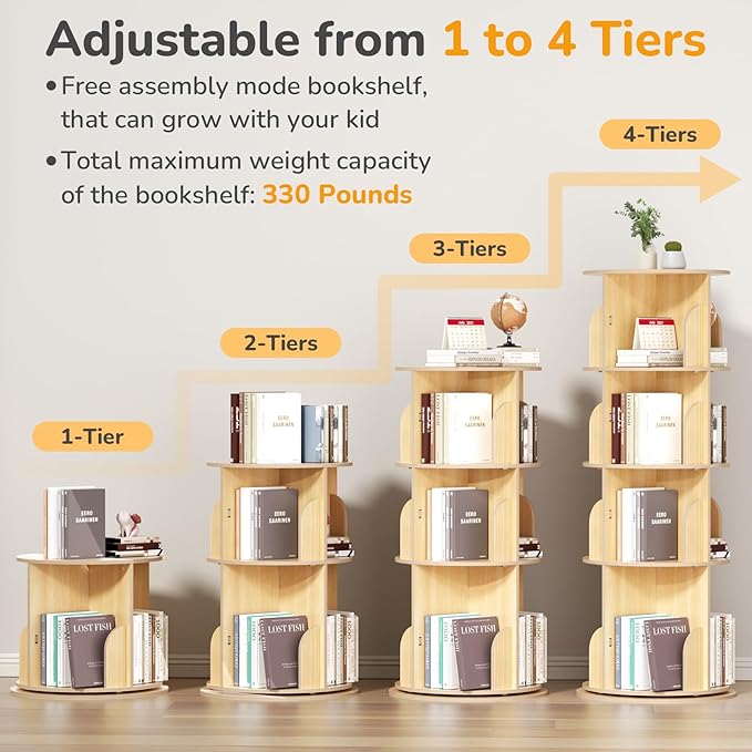 BIERUM 4 Tier Rotating Bookshelf, 360 ° Display Spinning Bookshelf Tower for Kids, Revolving Bookcase Narrow Book Shelf for Small Space, Rotating Bookshelves for Kids Room, Bedroom, Living Room
