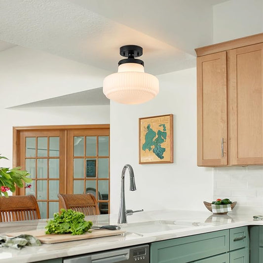 Milk Glass Ceiling Light Fixture 11" Schoolhouse Lights Fixtures Modern Black Semi Flush Mount Ceiling Light for Hallway Bedroom Bathroom Kitchen Foyer