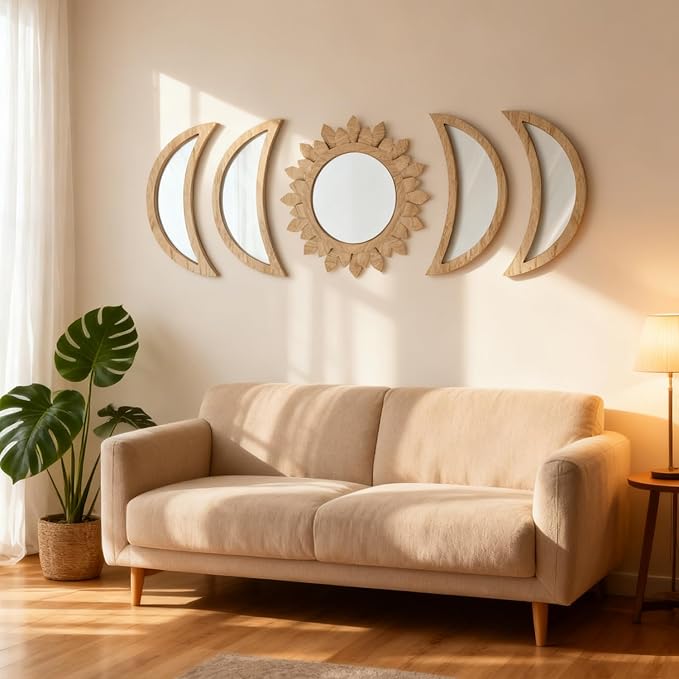 5 Pieces Moon Phase Mirror Wall-Mounted Wall Decor Mirrors Natural Wooden Sunburst Bohemian Wall Art for Home Living Room Bedroom Decoration (Natural)