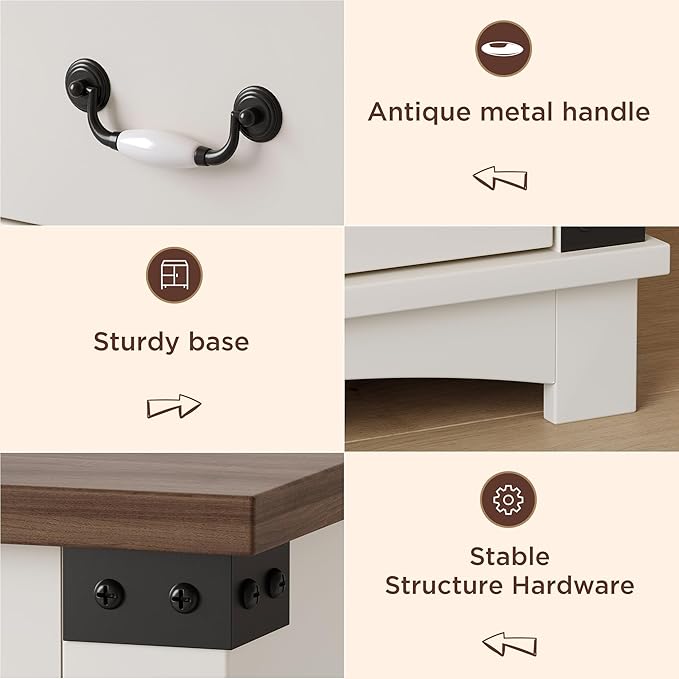 Maupvit Farmhouse Night Stand with Charger Station & Ceramic Handle, Wood Nightstand with 2 Storage Drawers, LED Bedroom Nightstand, Bedside Tables, Antique White