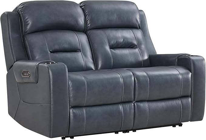 Watson & Whitely Genuine Leather Power Loveseat Recliner Sofa, Lay Flat Loveseat Reclining Sofa with Power Headrest, Cup Holders, USB & Type-C Ports, Dual Recliners for Living Room, Navy Blue