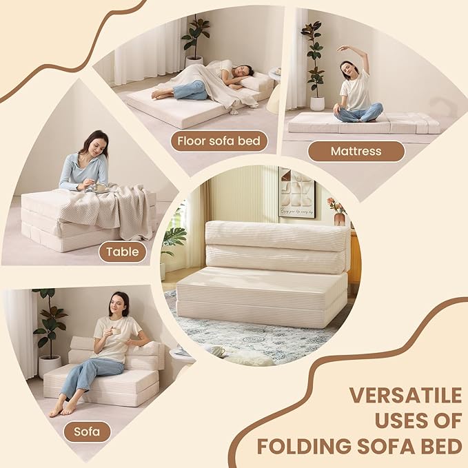 JUIKURY Folding Sofa Bed, Convertible Sleeper Chair with Pilow Foldable Matress, 2 in 1 Pull Out Loveseat Sofa Portable Fold Out Chair Bed Floor Couch Lounge for Living Room Bedroom (Beige, Full)