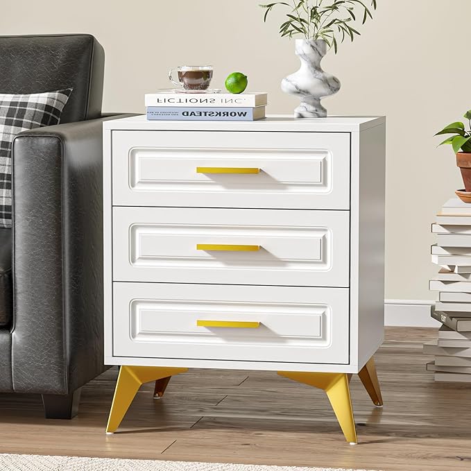 Giluta White Nightstand with 3 Drawers, Modern Night Stand with Gold Solid Metal Legs & Handles, Wood Bedside Table, Sofa End Side Table for Bedroom
