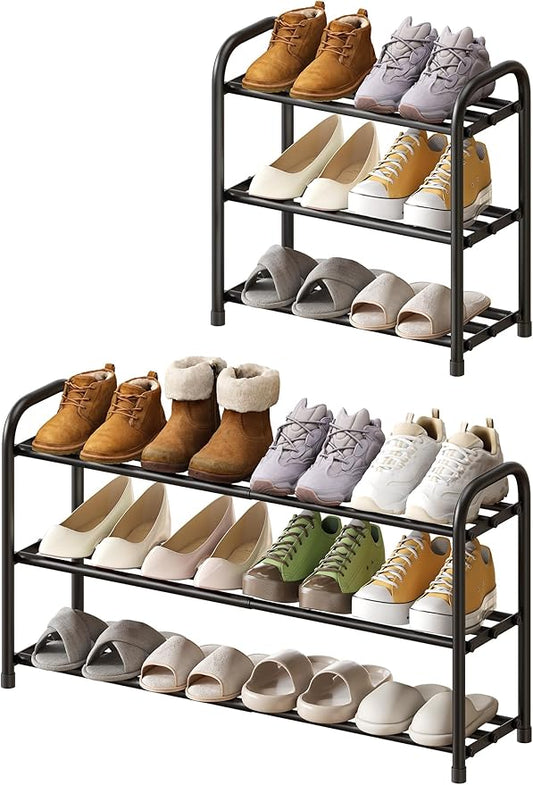 Shoe Rack for Closet, 3-Tier Expandable Closet Shoe Rack Metal Organizer, Heavy Duty Black Shoe Storage Shelf for Entryway, Doorway, Narrow Space