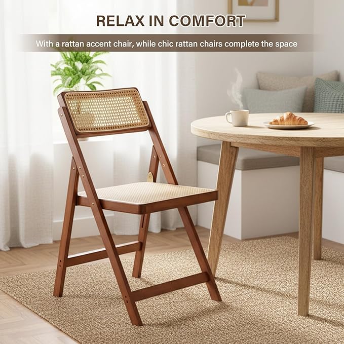 Rattan Folding Chair, Modern Mid Century Dining Chairs Set of 1, Comfy Outdoor Bamboo Chairs for Bedroom Living Room Reading Room Dining Kitchen, Walnut