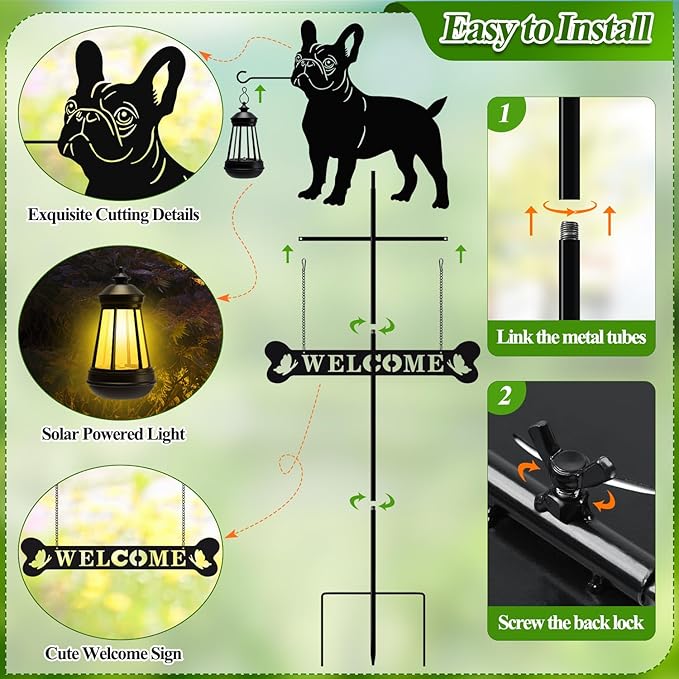 Tfro & Cile Solar Light Garden Stake 45 Inch Black French Bulldog Welcome Sign Decorative Dog Lantern Ornament Outdoor Garden Decor for Lawn Yard Patio