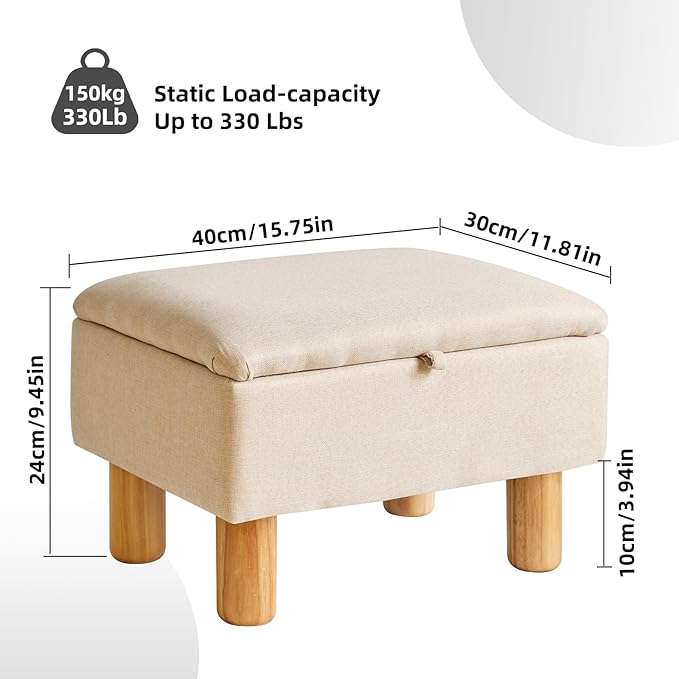 Ottoman with Storage, Small Foot Rest for Couch 16x12x9.5inch, Safety Hinge Flip Top Foot Stool Ottoman Load up to 330lb for Living Room Dorm Beige YD-JD1361