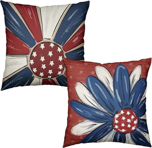 4th of July Patriotic Pillow Covers 22x22 Set of 2 Red White Blue Flower Stars Fourth of July Decorative Pillow Cases Independence Memorial Day Outdoor Cushion Cover for Home Couch Sofa