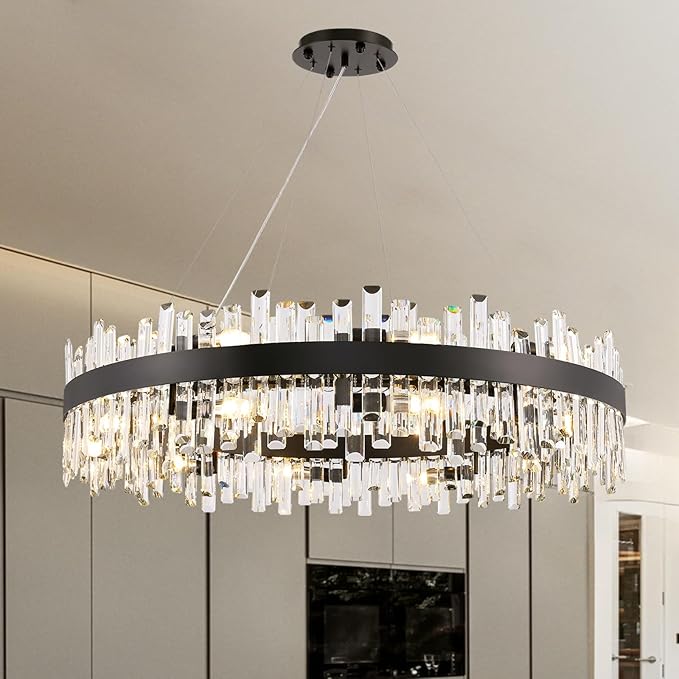 CROSSIO 20-Light Modern Large Crystal Chandelier Black Round 2-Tiers Raindrop Chandelier Luxury Flush Mount Hanging Ceiling Light for Dining Living Room Entryway Foyer Stairway D39.4''