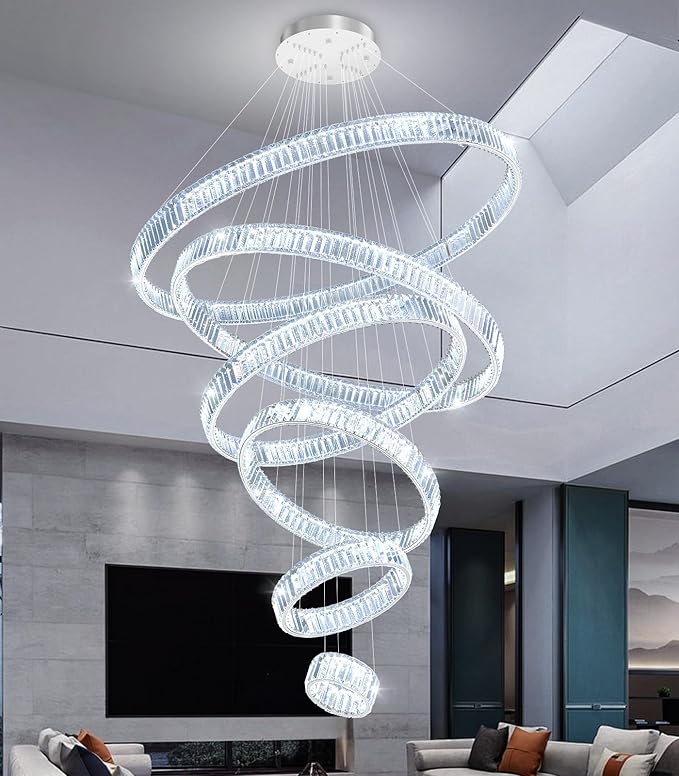 Large Ring Chandelier Modern Crystal Chandeliers for High Ceiling Round LED Dimmable Ceiling Light Fixture for Foyer Long Stair Silver 8''+16''+24''+32''+40''+47''
