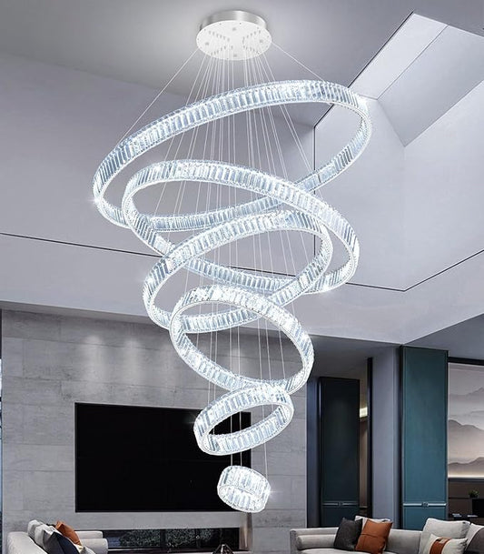 Large Ring Chandelier Modern Crystal Chandeliers for High Ceiling Round LED Dimmable Ceiling Light Fixture for Foyer Long Stair Silver 8''+16''+24''+32''+40''+47''