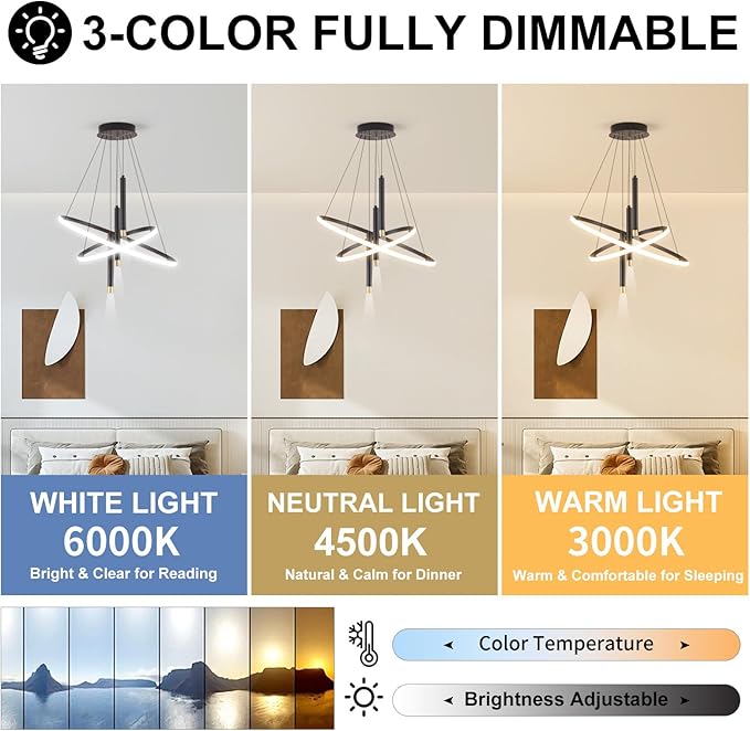 LED Black Modern Chandeliers for Dining Room Bedrooms Living Room, Dimmable 24in 5250lm Kitchen Pendant Lamp Dining Room Light Fixtures Ceiling Hanging Over Table, 2 Ring Round Chandeliers