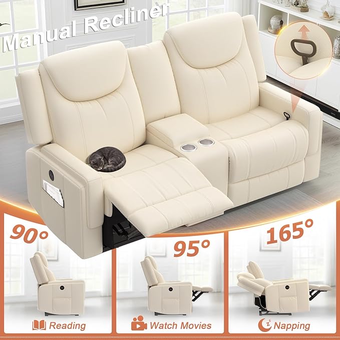 Dresegmt Loveseat Recliner Sofa, Beige PU Leather Double Recliner Loveseat with Console, Cup Holders, Storage & USB Ports, Ergonomics，Manual Reclining Sofa Couch for Living Room, RV