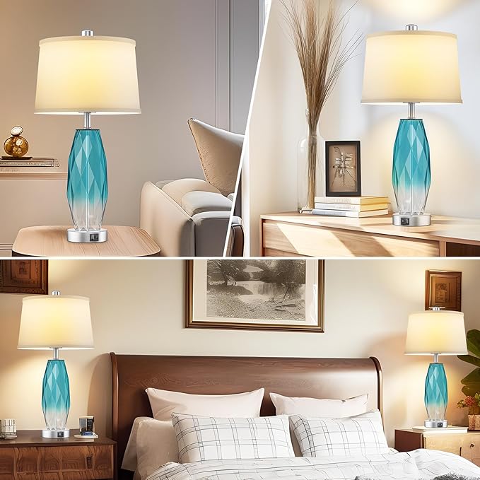 26" Touch Table Lamps Set of 2 for Bedrooms, 3 Way Dimmable Living Room End Table Lamps with Teal Blue Diamond Texture, Modern Glass Bedside Nightstand Lamps with USB C A Port, Bulbs Included