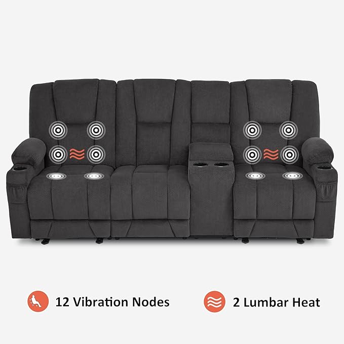 MCombo Zero Gravity 3 Seater Power Reclining Sofa with Console, Heat and Vibration Massage, Recliner Couch for Living Room, Fabric 6035SET (Grey, 3 Seater with Console)