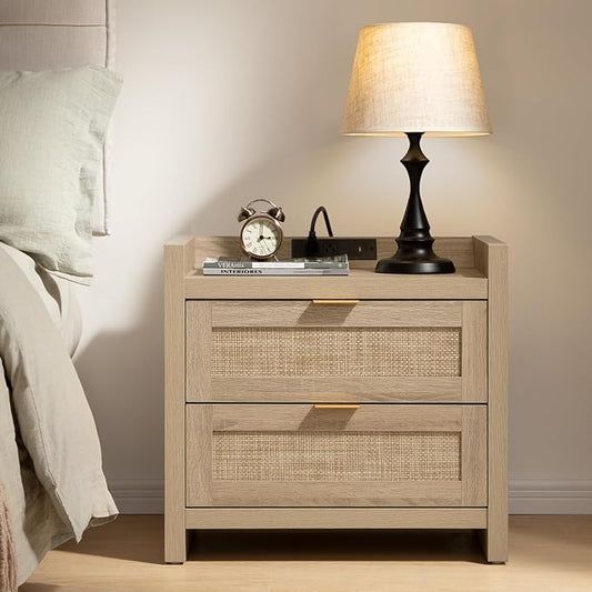 SICOTAS Rattan Nightstand Bedside Table - Night Stand with Type-C Charging Station, 2 Drawers Storage - Boho Night Stands End Table for Bedroom - Light Oak