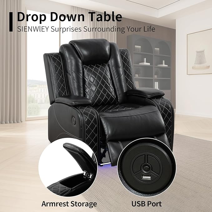 Leather Power Recliner Sectional Sofa Set with LED Light,L Shaped Leather Couch Set with Chair*2,Modular Corner Sofa with USB Ports for Living Room Furniture(Black, Sectional+Chair*2)