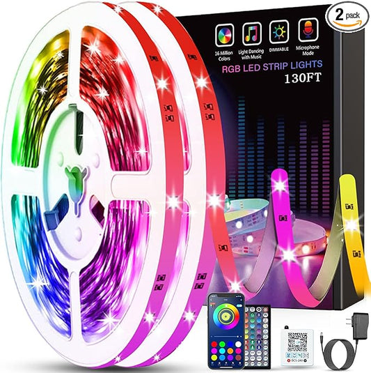 Tenmiro 130ft Led Lights for Bedroom, LED Strip Lights with Remote and App Control Music Sync Color Changing RGB LED Strip, LED Lights for Room Home Party Decoration (2 Rolls of 65ft)