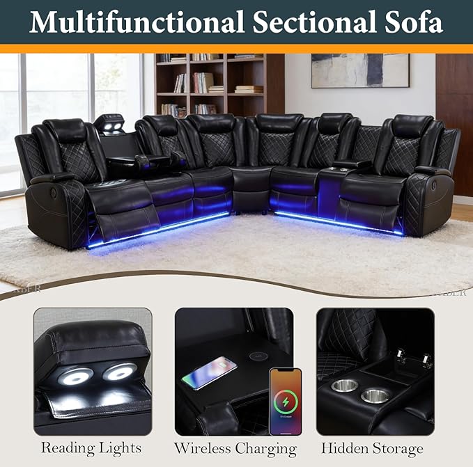 Power Recliner Sectional Sofa Set, Black Leather Sectional Couch Set with 5 Recliners for Living Room, L Shape Reclining Sofa with Cup Holder, Hidden Storage, Coffee Table for House(9 Seat)