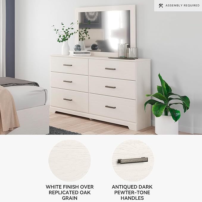 Signature Design by Ashley Stelsie Vintage Smooth-Gliding 6-Drawer Dresser and Mirror with Safety Stop, White