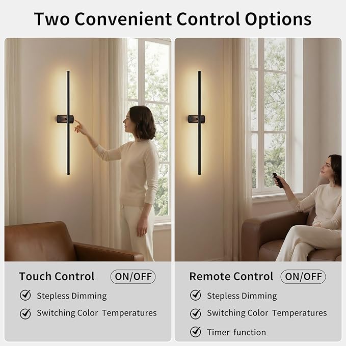 ONEWISH Battery Operated Wall Sconces Set of 2, 27.75" Rechargeable Wall Lights with Remote & Removable Battery, 3-Color Dimmable Wireless Sconces for TV Wall Decor, Picture Light, Bedroom, Black