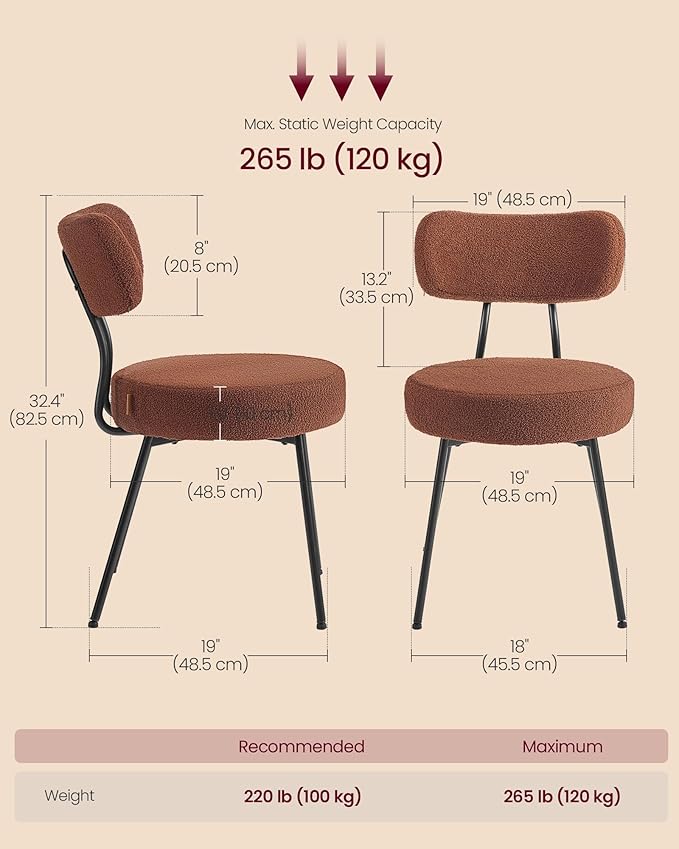 VASAGLE Boucle Dining Chairs Set of 2, Upholstered Kitchen Dining Room Chairs with Curved Backrest and Steel Frame, Modern Mid Century, Round, for Vanity, Living Room, Coffee Brown UKDC110K01