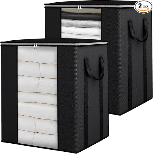 Fixwal Blanket Storage Bags with Zipper Large Storage Bins with Lids 120L 2 Pack Comforter Storage Bags with Reinforced Handles Clothes Storage Containers for King Comforter Bedding Pillow Sheet Black