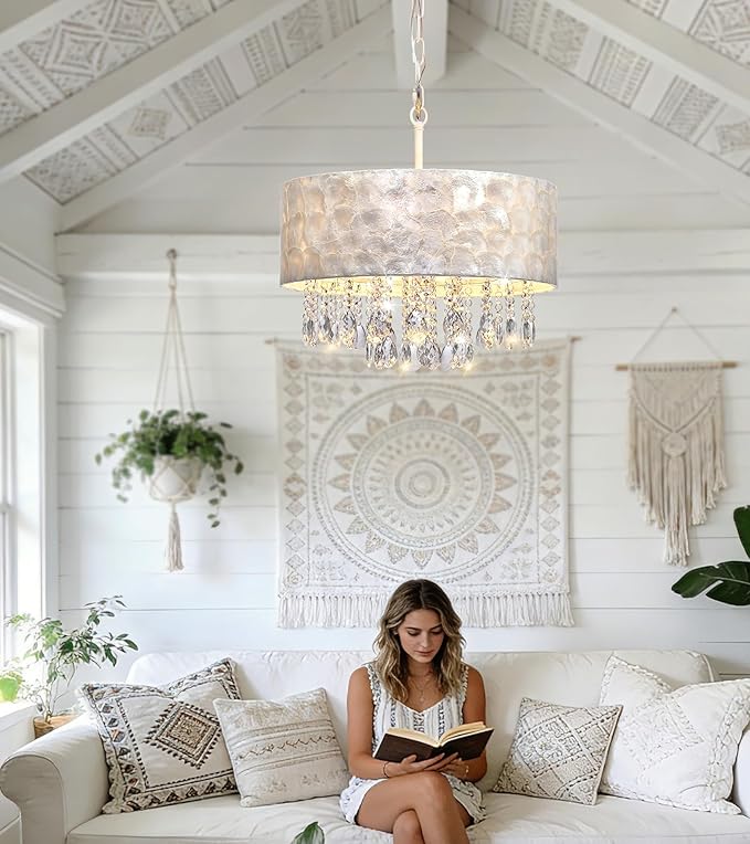 Q&S Boho Coastal Capiz Shell Crystal Chandelier,Modern Glam Luxe Drum D18 inch 4-Light Pendant Light Fixture for Dining Room Living Room Bedroom Kitchen Island Foyer UL Listed