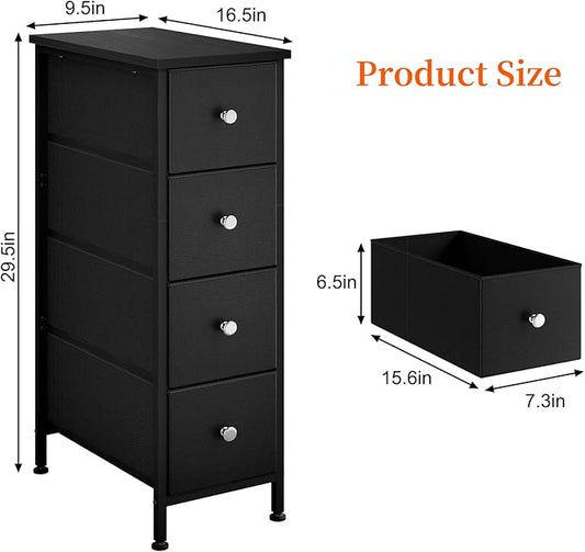 Fixwal Narrow Storage Cabinet, Small Dresser with 4 Drawers, Slim Fabric Dresser Storage for Small Spaces, Black Nightstand Side Table for Bedroom, Bathroom, Laundry, Closet, Dorm