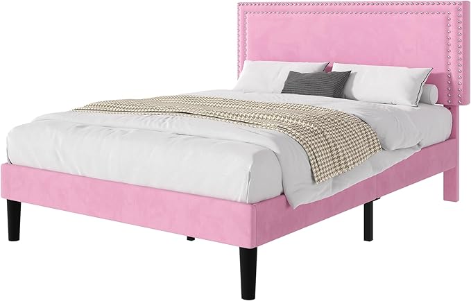 VECELO Queen Size Bed Frame with Adjustable Upholstered Headboard, Wooden Slats Platform, Noise-Free Design, Easy Assembly