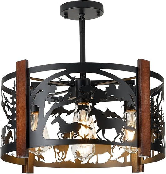 Farmhouse Rustic Horse Ceiling Light Fixtures, 4-Light Round E26 Base Black Metal Wooden Fixture for Kitchen, Living Room,Foyer, Bedroom, Hallway-‎16.5" L* 16.5" W * 11.8" H