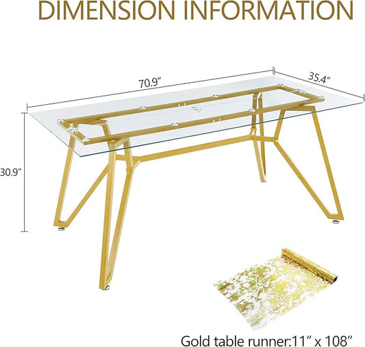 KEIKI 70.9 in Rectangular Glass Dining Table, Suitable for 1-8 People, Modern Style Home Kitchen Dining Table, Equipped with Sturdy Metal Table Legs for Dining Room, Living Rooms, Offices, Gold