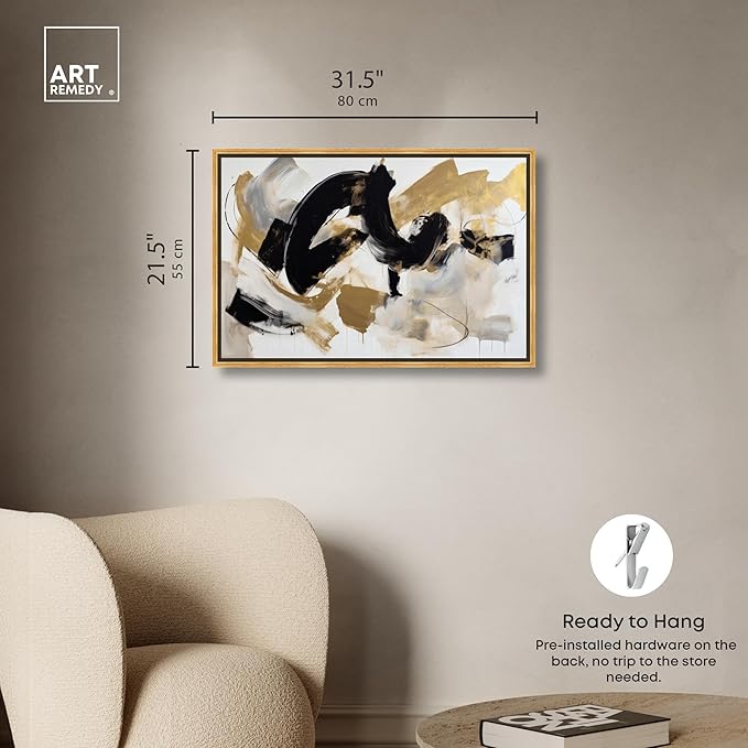 Art Remedy Moved Abstraction Canvas Modern Black White Abstract Wall Art, Gold Frame, 30" x 20"