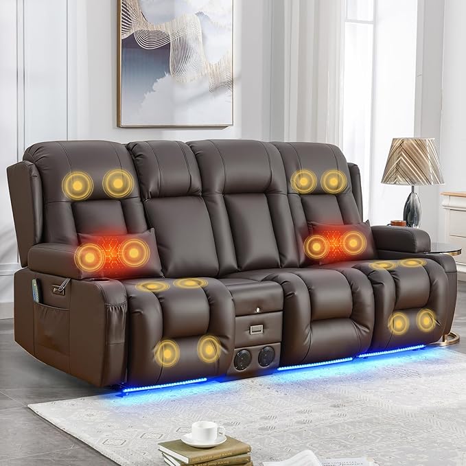 IPKIG Power Recliner Sofa with Flip-Up Backrest Console, USB & USB-C Ports, AC Outlet, LED Lights, Wall Hugger Recliners for Living Room, RV (Brown, 89" - 4 Seat) | Faux Leather, Zero Gravity, Dual Reclining, 2 Lumabr Pillow, Bluetooth Speakers