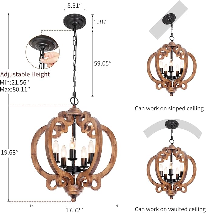 17.72'' Farmhouse Wood Chandelier, 5-Light Rustic Dining Room Light Fixture, Farmhouse Hanging Pendant Lighting, Vintage Orb Chandeliers for Kitchen Island Foyer Living Room Bedroom