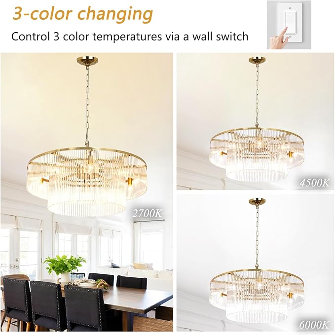Contemporary Brass Dining Room Chandelier 2 Tier Crystal Glass Chandeliers Lighting Light Fixture Ceiling Entryway Bedroom Kitchen Entryway 10 Lights Round 32"