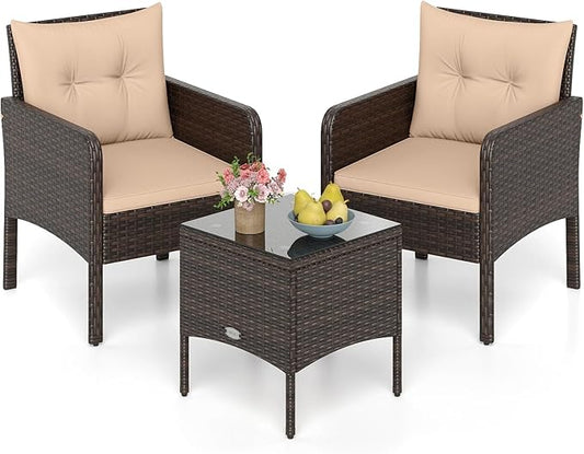 Tangkula 3 Pieces Patio PE Wicker Furniture Set, Outdoor Bistro Conversation Set with Cushions and Tempered Glass Coffee Table, Outside Rattan Table and Chairs for Porch (Beige)
