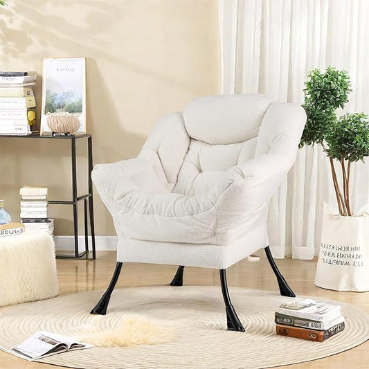 GORELAX Modern Lazy Chair,Upholstered Lounge Accent Chair, Single Leisure Sofa Chair with Armrests & Side Pocket, Comfy Reading Chair for Bedroom, Living Room, Dorm Room (Plush Beige)