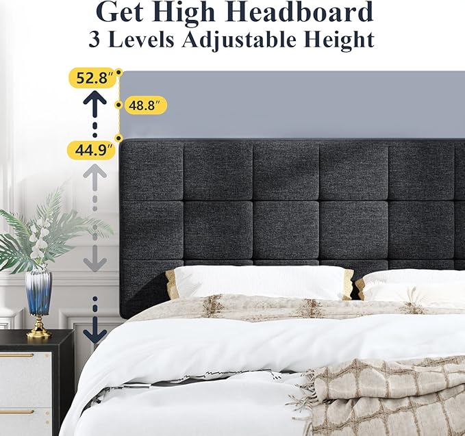 Allewie Queen Size Panel Bed Frame with Adjustable Headboard for High Profile/Fabric Upholstered/Square Stitched Padded Headboard/Box Spring or Bunkie Board Required/Dark Grey