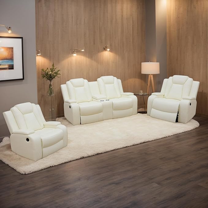 Power Recliner Sofa Set, Breathing Leather Reclining Couch Set, Leather Loveseat and 2 Recliner Chairs Set with LED Lights/Charging Ports/Storage for Home/Office (Creamy White, Loveseat+2 Chairs)