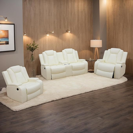 Power Recliner Sofa Set, Breathing Leather Reclining Couch Set, Leather Loveseat and 2 Recliner Chairs Set with LED Lights/Charging Ports/Storage for Home/Office (Creamy White, Loveseat+2 Chairs)