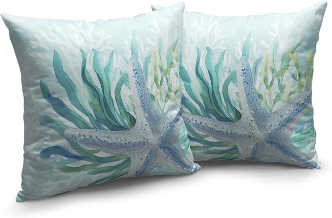 Coastal Nautical Starfish Pillow Covers 18x18 Set of 2 Ocean Coral Seagrass Summer Decorative Throw Pillow Cases Aqua Turquoise Beach Themed Outdoor Cushion Covers for Home Couch Sofa