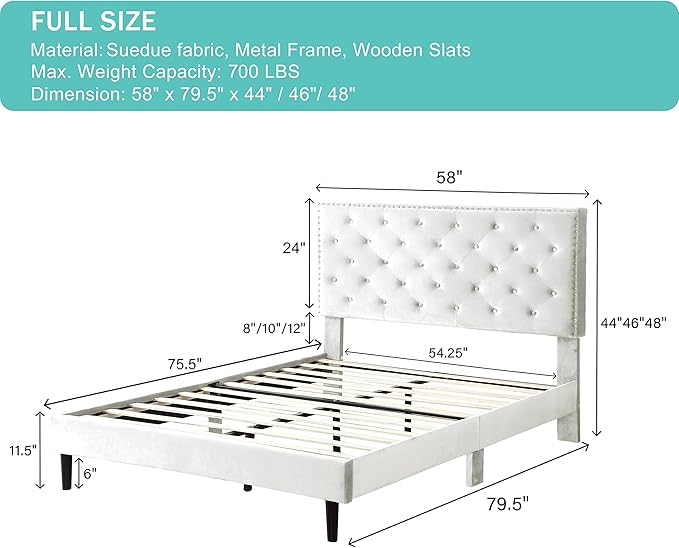 Full Upholstered Platform Bed Frame with 48" Tall Adjustable Headboard - Button Tufted Suede Velour Bed- Wood Slat Support with Storage Space- No Box Spring Needed - Beige - OLIVER & SMITH - Princeton