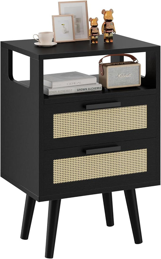 YMYNY Nightstand with 2 Drawers, Boho Side Table, Handmade Rattan Decorated, Open Shelf Unit with Arched Design, Solid Wood Legs, Storage Cabinet for Bedroom, Black UHST015B