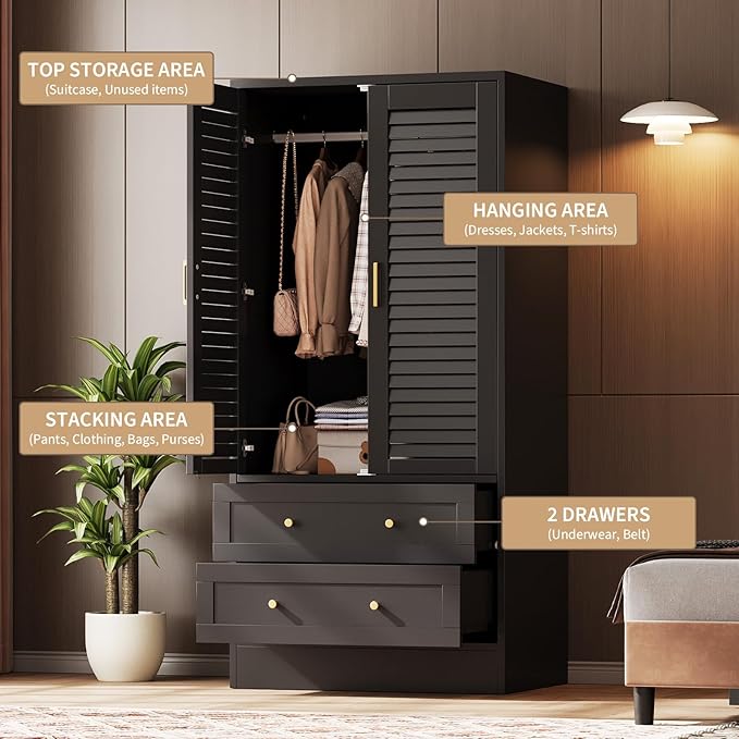 65" Louvered Armoire Wardrobe Closet, Wood Clothing Storage Cabinets with 2 Doors and 2 Drawers, Wooden Wardrobe Closet with Hanging Rod for Bedroom, Cloak Room, Laundry Room, Entrance Hall, Black